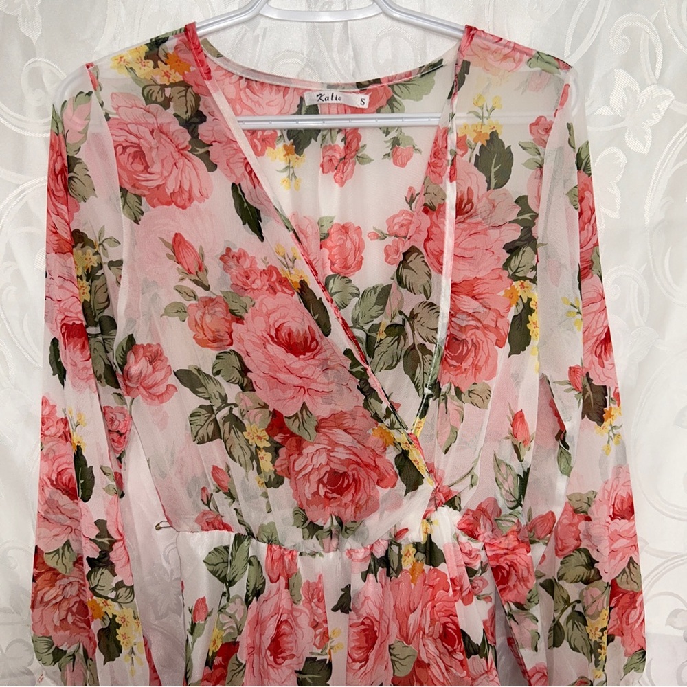 Katie Summer Light Peachy Floral Maxi A-Line Long Sleeve Dress